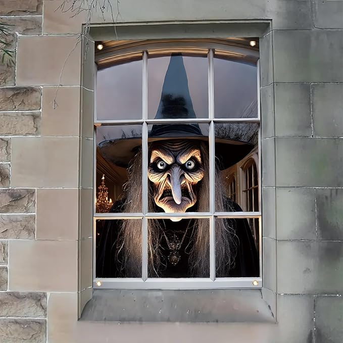 Window Cover Halloween 47x31 Inch Scary Witch Face Banner Creepy Window Decoration for Haunted House Outdoor Indoor Horror Poster Trick or Treat Prop Decor