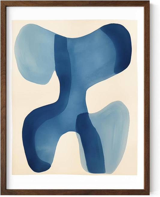 HAUS AND HUES Modern Abstract Wall Art - Blue and Green Living Room Art, Modern Artwork for Walls, Minimalist Picture for Living Room(Blue Shapes, Walnut Frame, 12x16)