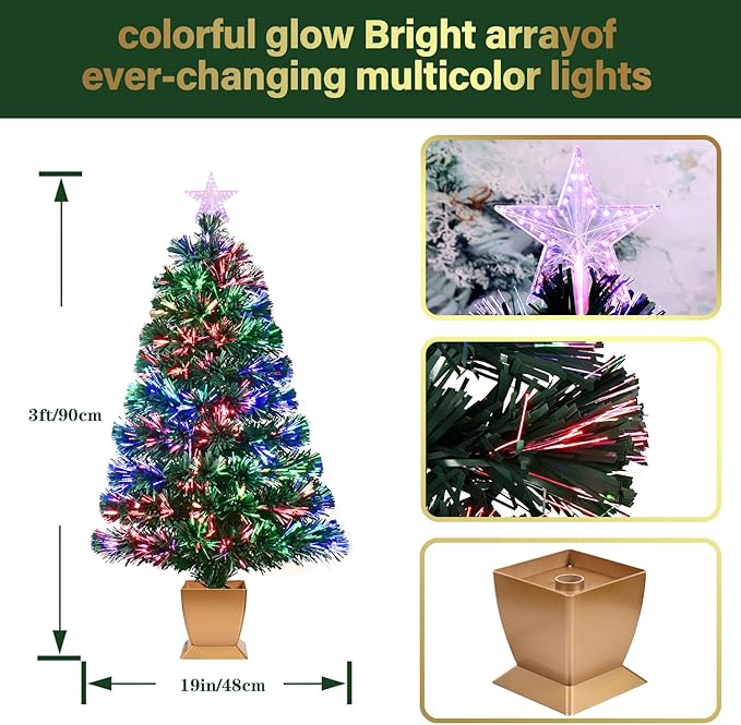 3ft Green Fiber Optic Christmas Tree,Pre-Lit Artificial Mini Christmas Tree, Tabletop Small Xmas Tree with Stars Holiday Home Decorations
