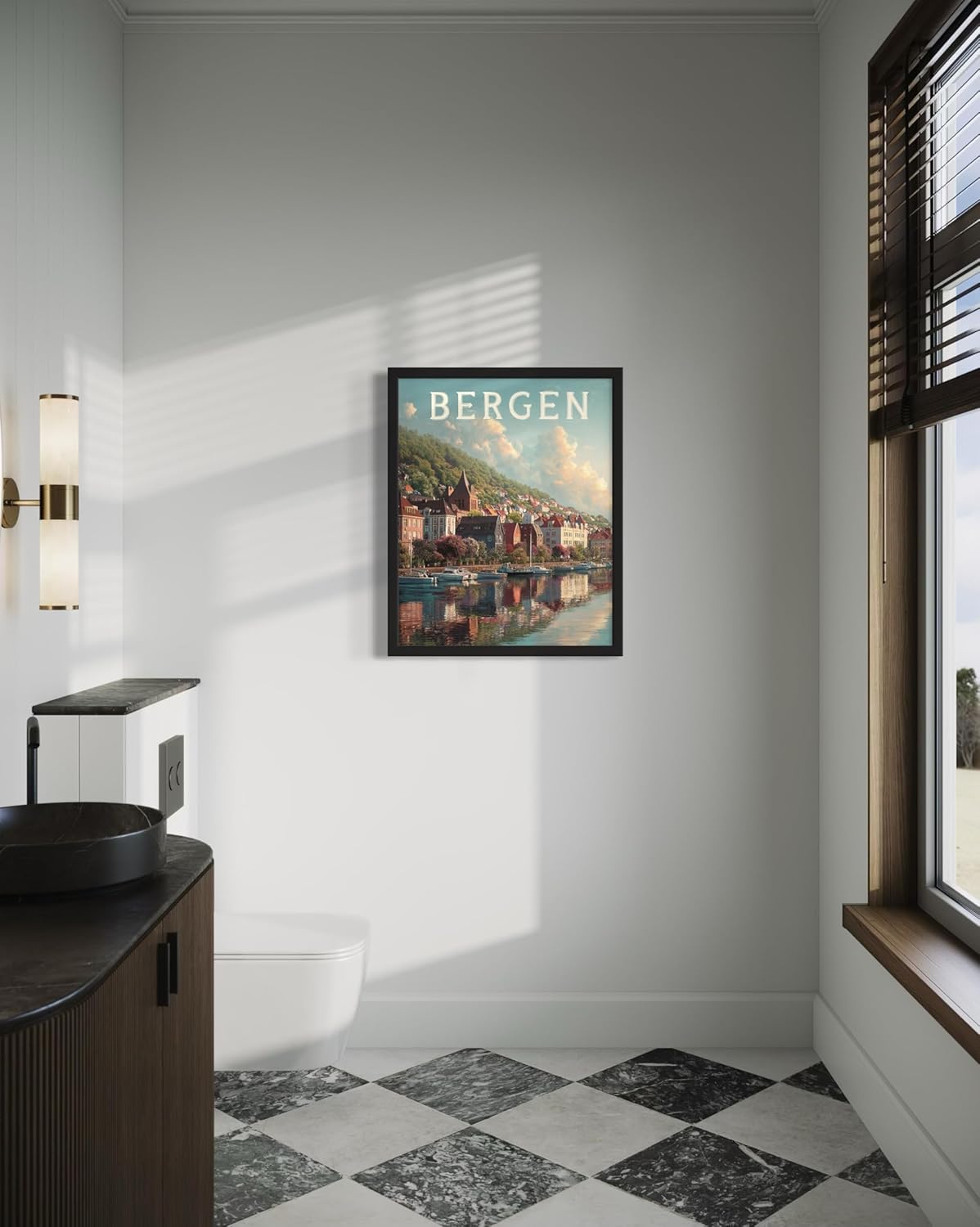 Bergen, Norway Art Print Poster, Europe Vintage City Retro Photography Skyline Travel Bedroom Bathroom Living Room Decor 183 (Bergen, Norway, 16 x 20 inches, Black Frame)