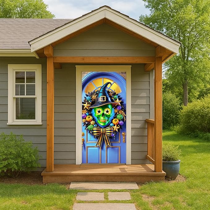 2D flat Funny Green Monster Christmas Door Banner Holiday Front Door Decorations for Indoor Outdoor Xmas Party Door Cover 71x35 Inch