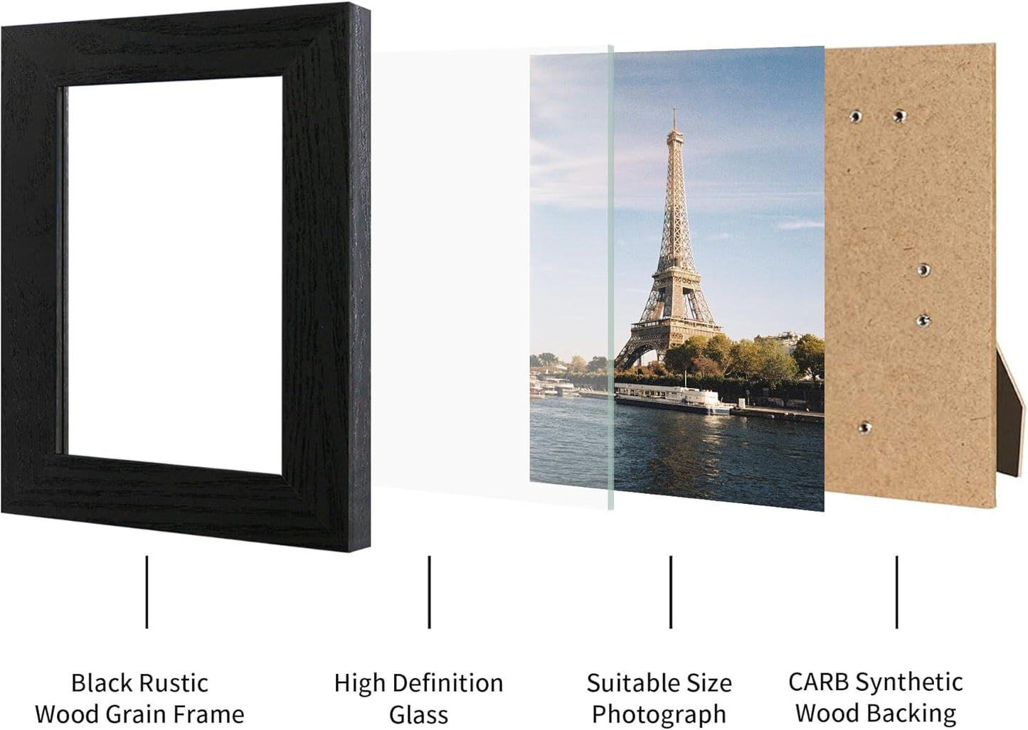 iRahmen 4x6 Picture Frame Set of 4, Black Wooden Frame with High Definition Glass, 4 x 6 Photo Frames for Tabletop Display and Wall Mounting