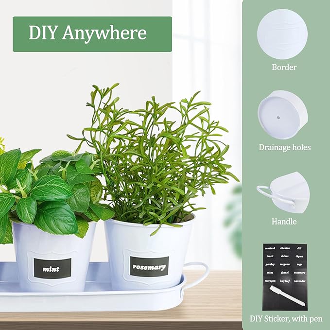 4" Herb Garden Planter Kit, Indoor Herb Planters with Tray, Set of 3 Metal Windowsill Pots for Flower Plants with Drainage Hole, Customizable Labels & Marker Pen, White