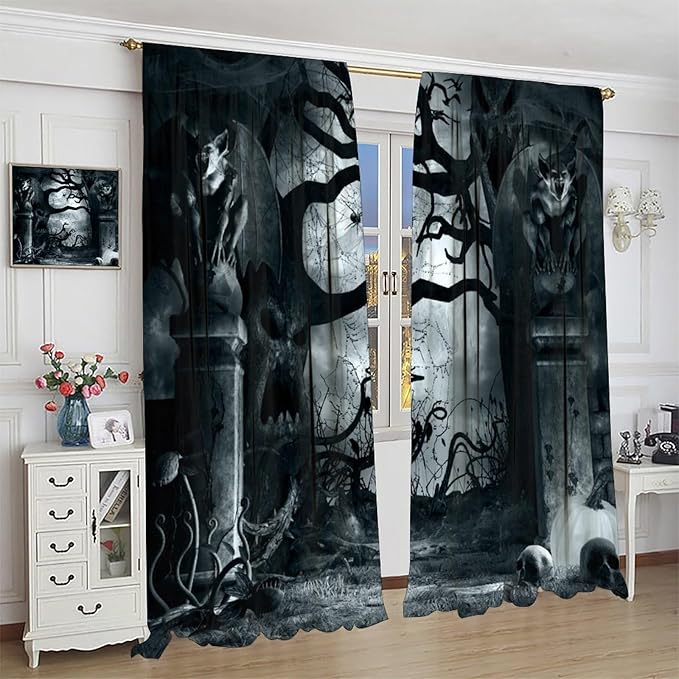 Gothic Blackout Curtains, Halloween Creepy Horror Gargoyles Bat Pumpkin Skeleton Pattern Drapes Window 2 Panel Rod Pocket Curtain for Bedroom Living Room Decor 26" W X 84" L