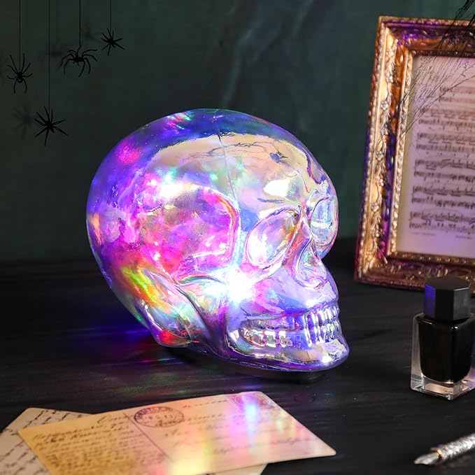 VCUTEKA Halloween Skull Human Light Indoor Decoration Skull Statue Halloween Sculptures with Colorful Light for Party Horror Decoration Holiday Decor Glass Figurines Gift