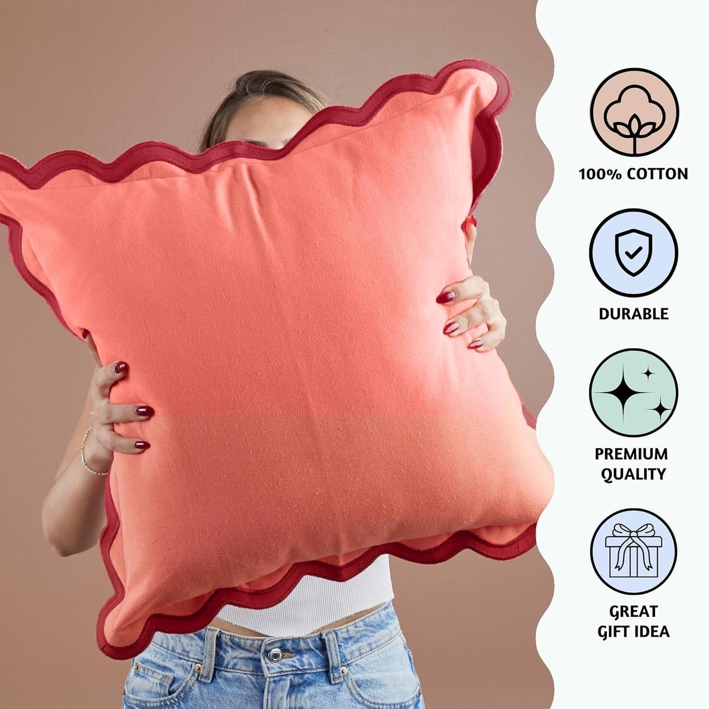 Folkulture Christmas Throw Pillows for Couch | Set of 2 (18x18) Boho Throw Pillow Covers | Red Scalloped Accent Pillows | Xmas Decor for Living Room