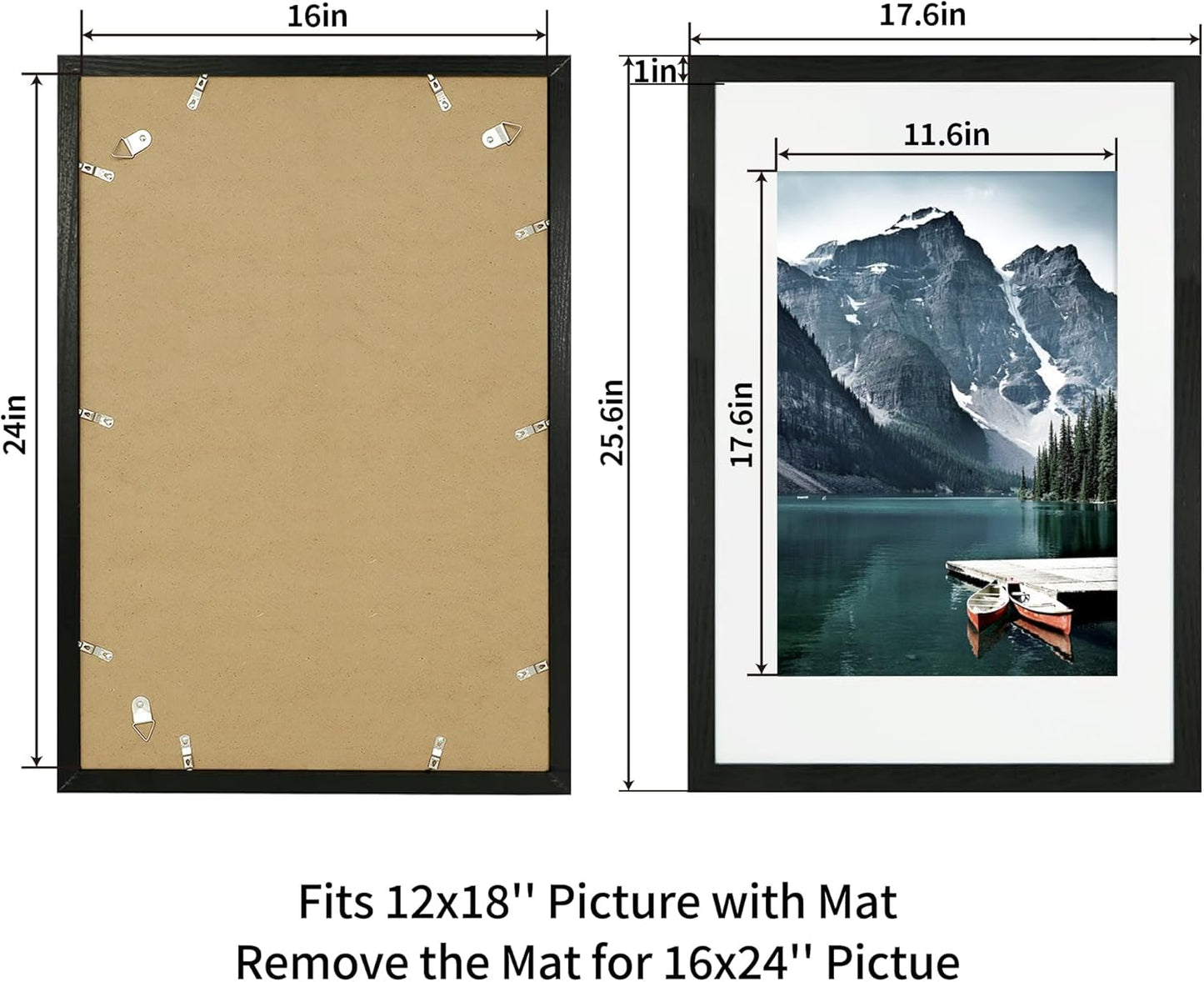 iRahmen 16x24 Picture Frame Set of 2 with Plexiglass, Black Wood Frame Display 12x18 Picture with Mat or 16 x 24 Without Mat, Poster Frame for Photo Wall Mounting Horizontal and Vertical
