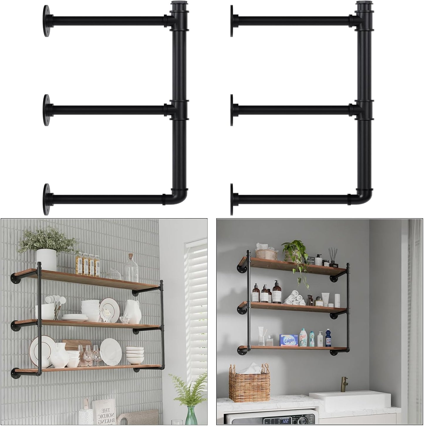 Industrial Pipe Shelf Brackets Wall Mount, Open Black Pipe Shelving for Kitchen,Floating Shelf Brackets Mount,Open Bookshelf Brackets for Shelves,Wall Shelves 12 Inch Deep,(2PcsX3Tier,32" Tall)