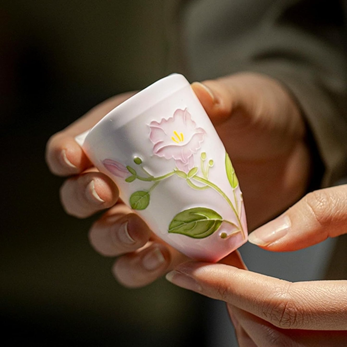 KAMMAK Ceramic Tea Cups Small, Cute Vintage Coffee Cup Set of 2, Porcelain Teacups Espresso Mug, 2.1oz Hand Painted Chinese Afternoon Tea Party Mugs, Birthday Gift for Women Men, Yuni Feizi