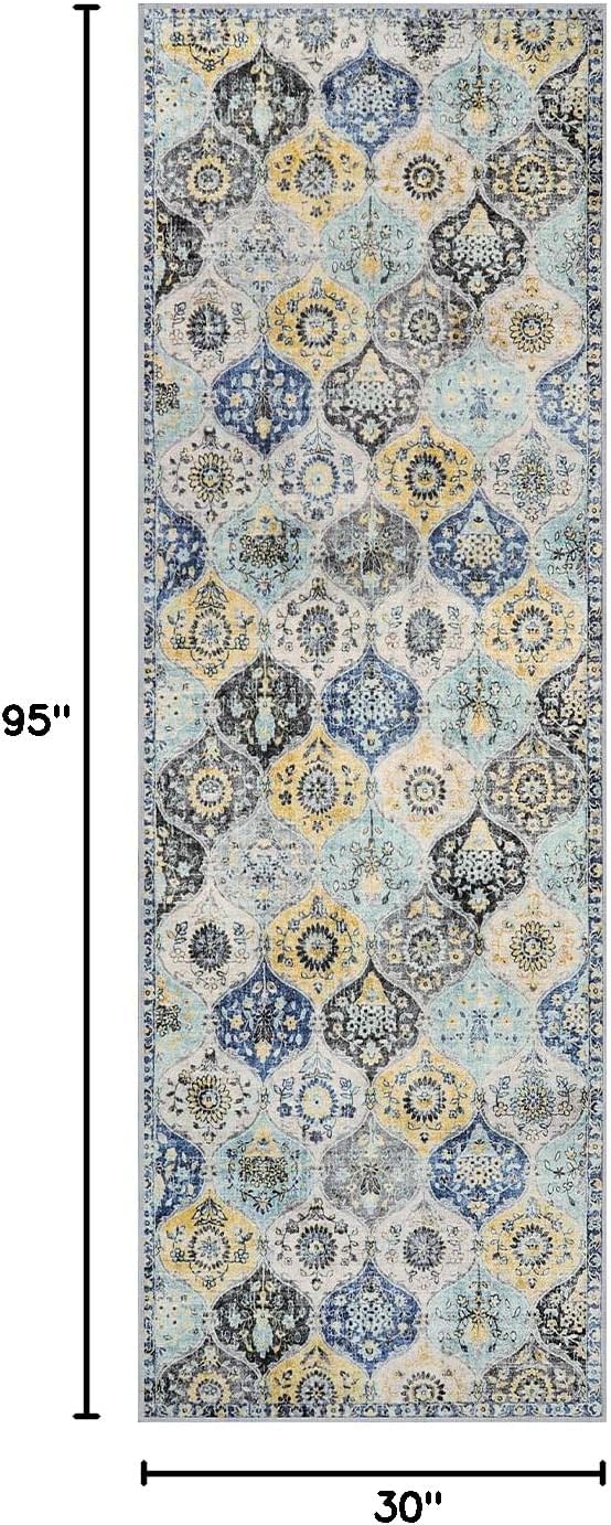 Lahome Moroccan Washable Hallway Runner Rug, 2'5''x8' Ultra-Thin Carpet Runners for Hallways Kitchen, Oriental Vintage Non-Slip Laundry Room Rug for Entryway Bedroom Bathroom, Yellow/Aqua