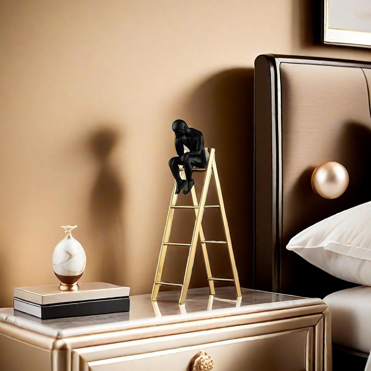FUNSXBUG The Thinker Statue Thinking Man Statues Sitting on a Ladder Sculptures Collectible Figurine Home Decor Living Room Decoration (Small)
