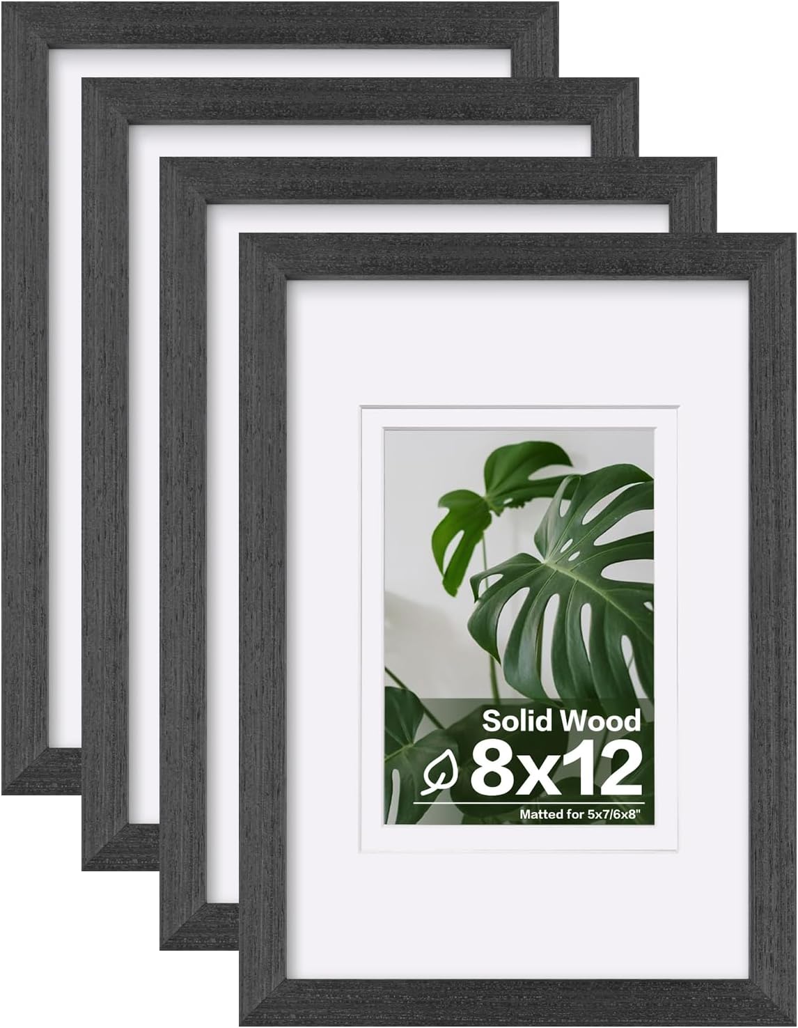 Egofine 8x12 Picture Frames Set of 4, Made of Solid Wood Covered by Plexiglass 5x7 and 6x8 with Mat or 8x12 without Mat, for Table Top Display and Wall Mounting Photo Frame Rustic Black