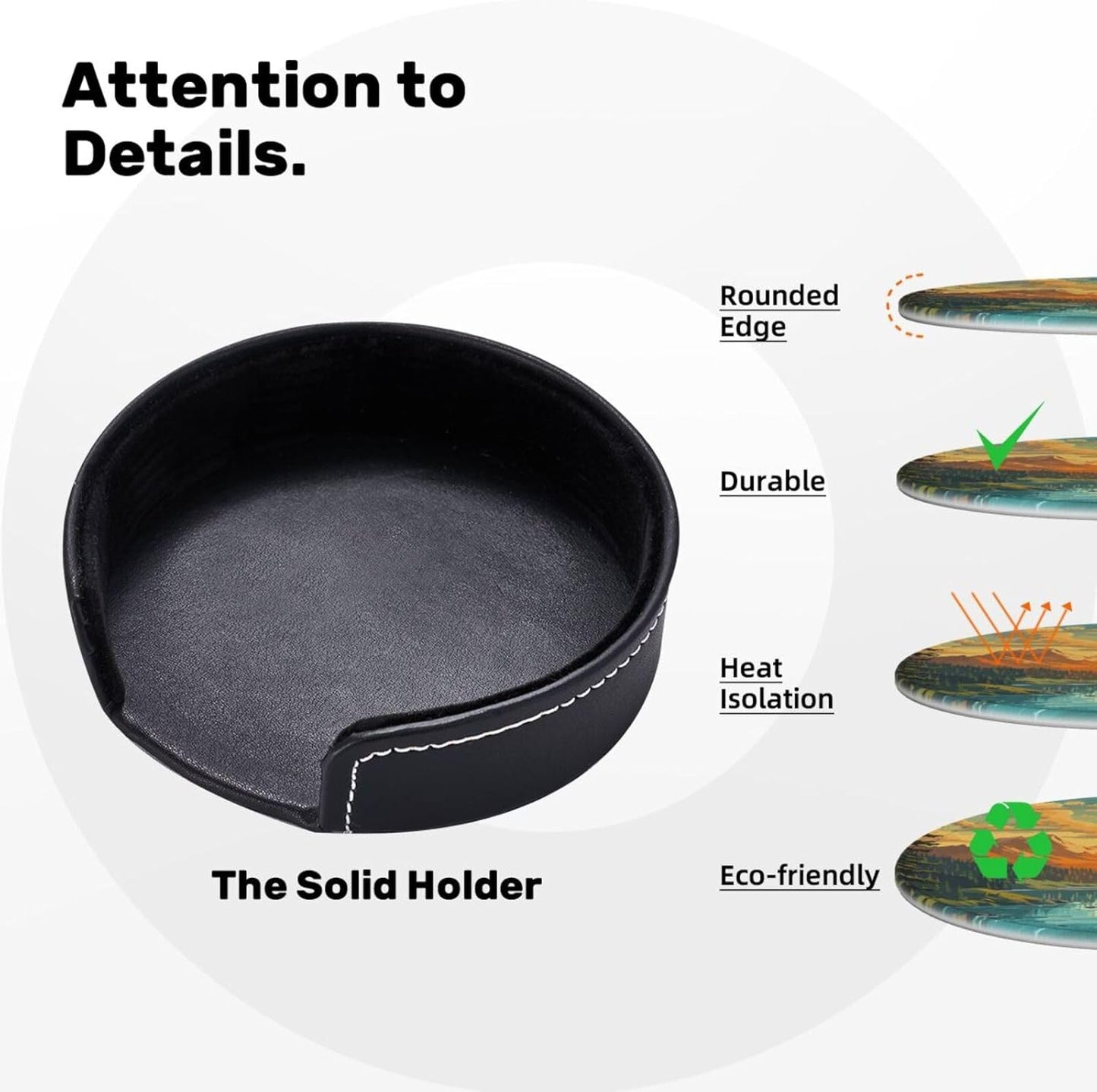 Landscape Mountain Leather Drinks Coasters with Holder, Set of 6, Suitable for Various Cups