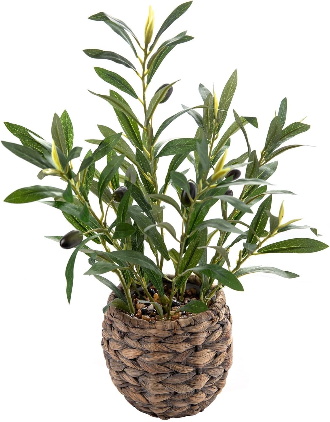 Indoor Fake Olive Plants 17.7 inches Tall Lifelike Artificial Olive Plants with Cyan Fruits in Brown Rattan Planter for Shelf Office Desk Kitchen Counter Small Space Artificial Plant Decor