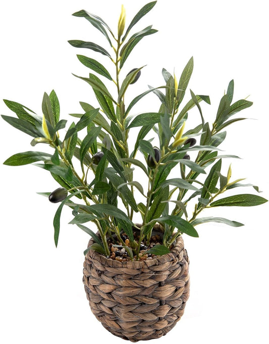 Indoor Fake Olive Plants 17.7 inches Tall Lifelike Artificial Olive Plants with Cyan Fruits in Brown Rattan Planter for Shelf Office Desk Kitchen Counter Small Space Artificial Plant Decor