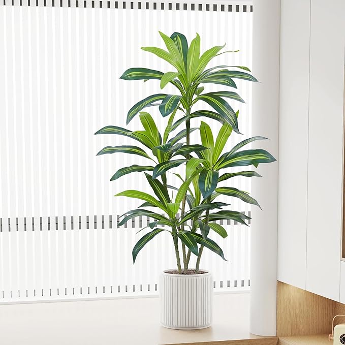 4Ft Dracaena Plant Artificial Tree Fake Tropical Floor Plants Potted (Real Touch) Artificial Silk Tree Leaf Faux Trees Black Tall Planter for Home Office Living Room Indoor Outdoor Decor（2Pack）