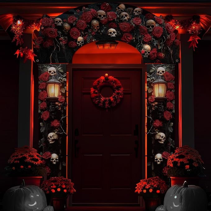 3 Pcs Halloween Cemetery Archway Halloween Cemetery Banners Gothic Outdoor Banners Sign Banner Decorations for Outdoor Party Supplies (Skull Rose)