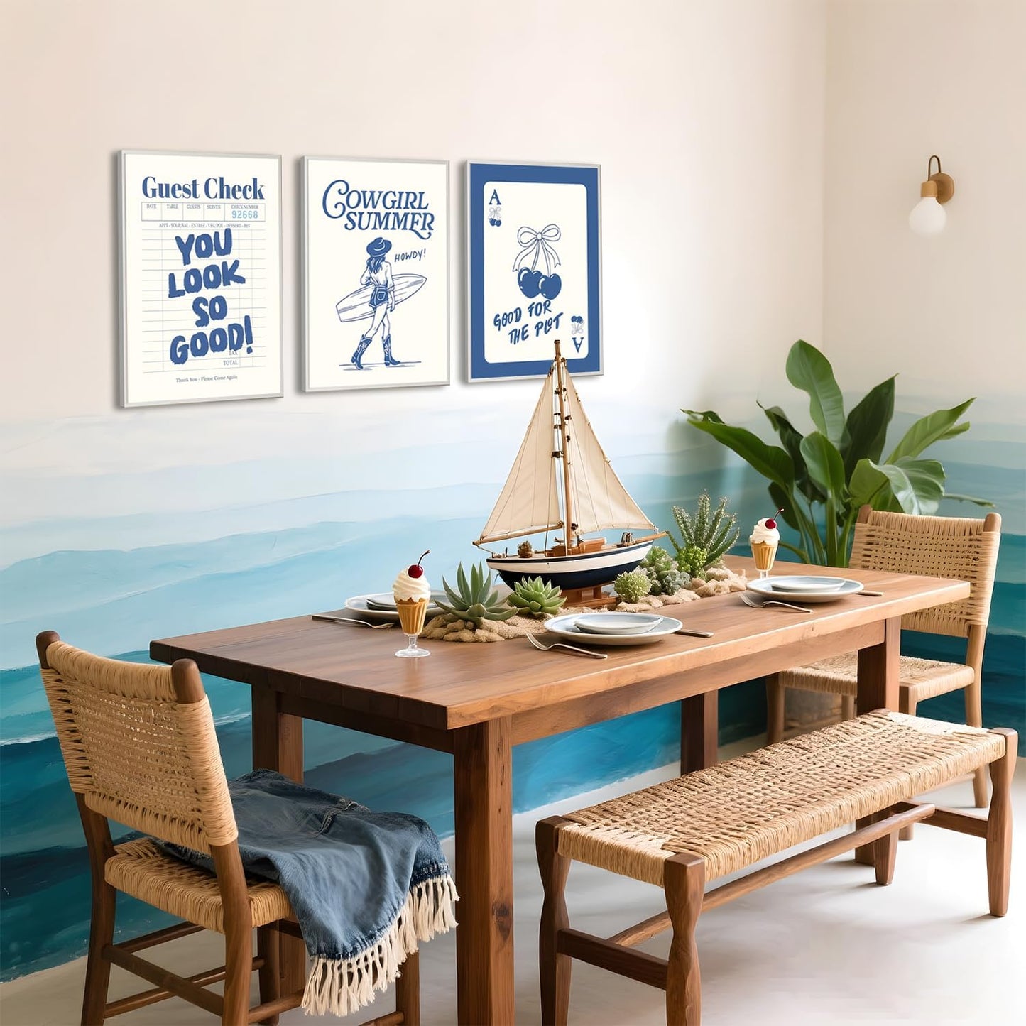 Blue Preppy Canvas Wall Art Poster Set of 3, Coastal Cowgirl Pictures Wall Decor Paintings, Trendy Cherry Guest Check Prints Aesthetic Home Decor for Teen Girls Bedroom Dorm 12x16 inch Unframed