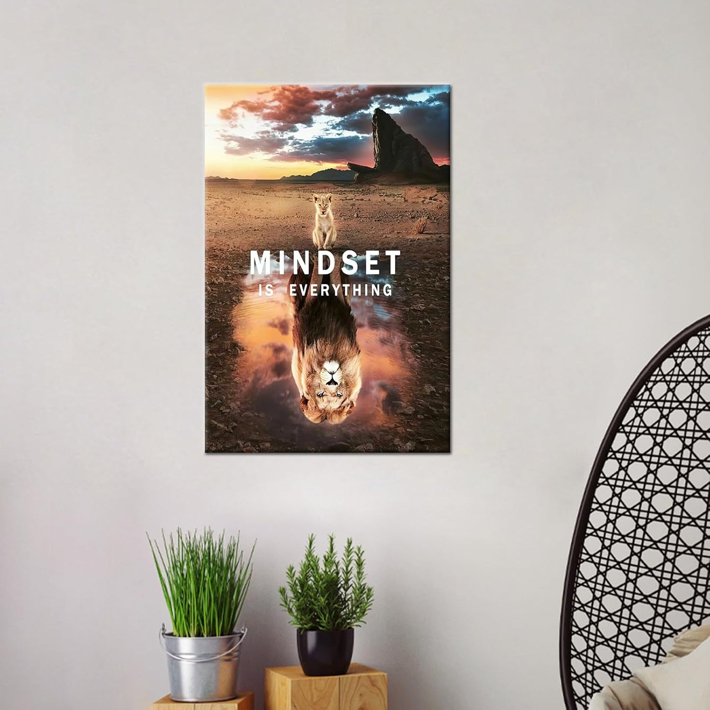 Inspirational Canvas Painting Small Cat and Big Lions Mindset is Everything Wall Art Cute Animal Poster Prints Wall Pictures for Office Living Room Home Decor Framed Ready to Hang [12''W x 18''H]