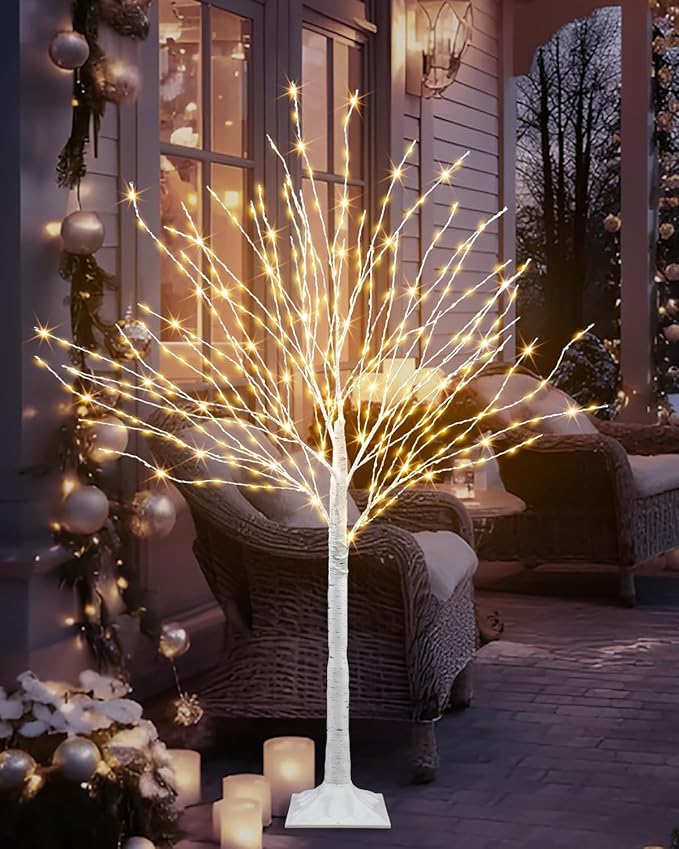4 FT Lighted Birch Tree Artificial White Tree with 432 LED Timer Outdoor Artificial Trees for Christmas Festival Patio Home Indoor Decor