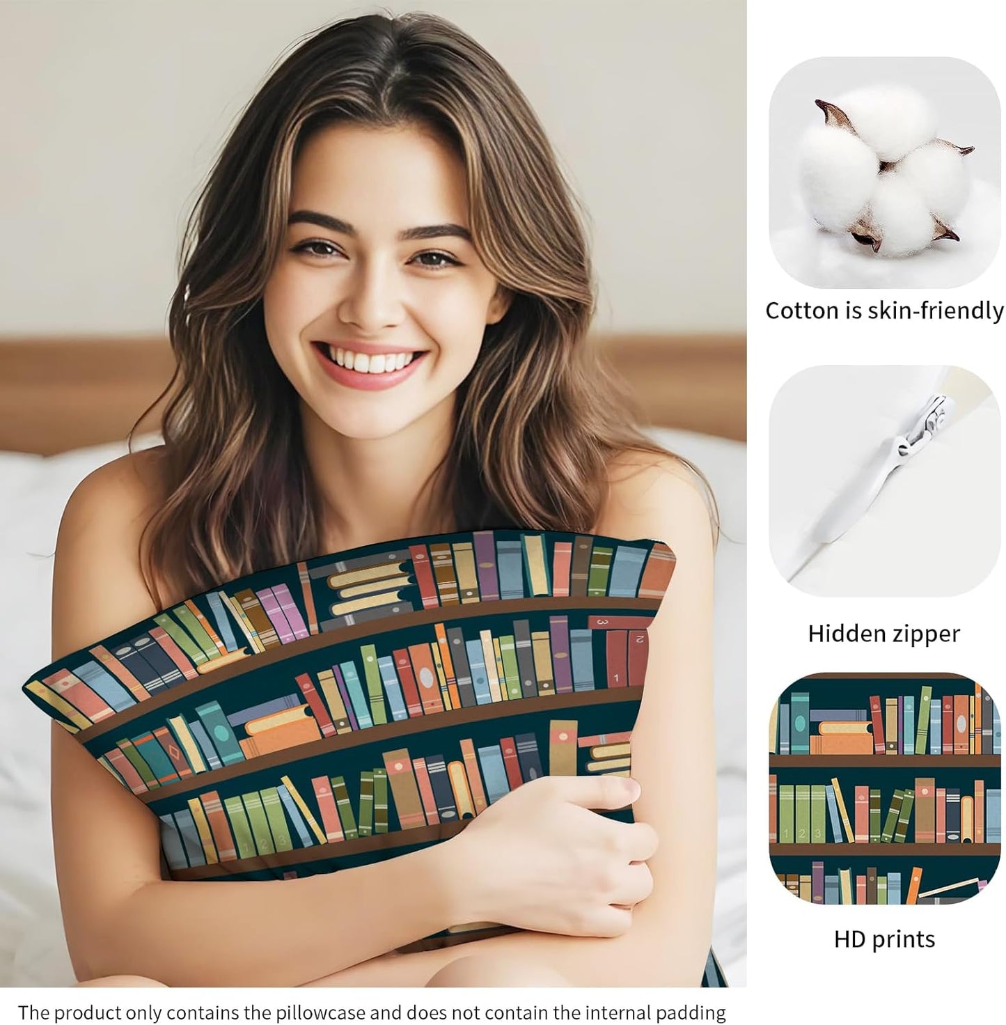 Decorative Throw Pillow Covers 18x18 Inch, Cute Home Decor for Living Room Outdoor Funny Pillowcase Polyester Cushion Case Colorful Bookshelf