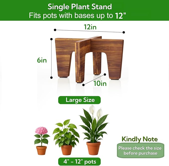 Plant Stands Indoor Outdoor, Plant Risers for Inside Pots Sturdy Short Plants Holder, Flower Pot Stand for Indoor Plants, Small Single Floor Plant Bamboo Display Stand (Brown 12“ (2 pack))