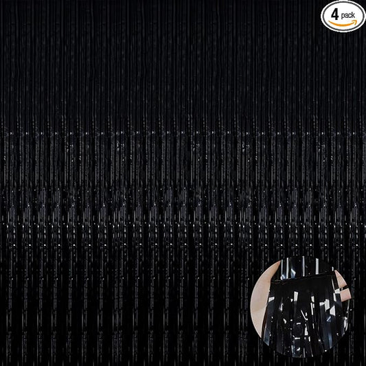 4 Pack Black Foil Fringe Curtain Backdrop, 3.28Ftx9.84Ft Metallic Tinsel Foil Fringe Streamers Curtains for Party, Photo Booth Props, Birthday, 2022 Graduation Decoration Supplies