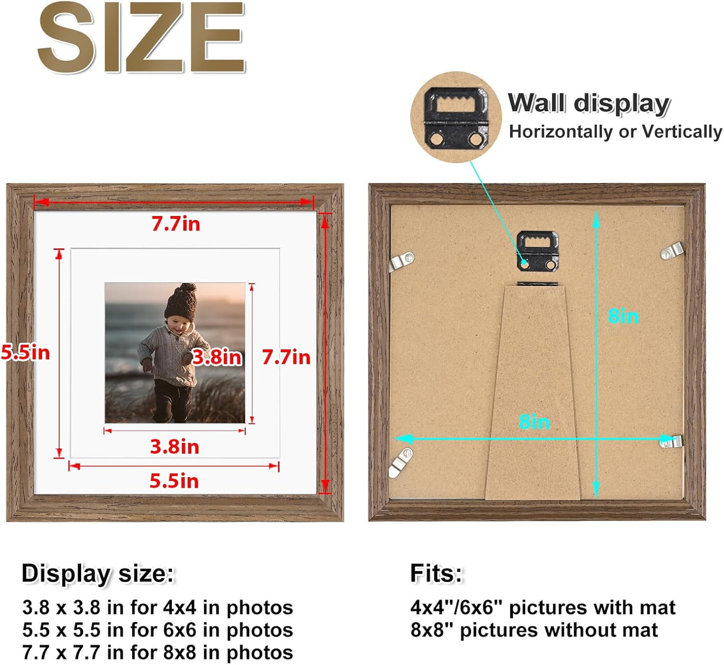 KINLINK 8x8 Picture Frame, Brown Square Solid Wood Frames for Pictures 4x4 and 6x6 with Mat or 8x8 without Mat, Wall and Tabletop Display Photo Frames Brown Wood 4 Pack