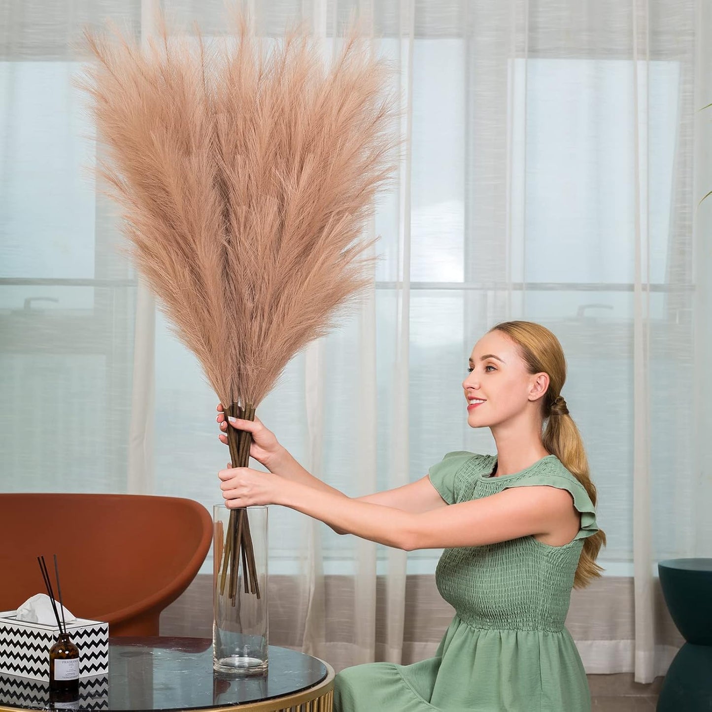 EVODIS Pampas Grass Decor Tall, 43"/110cm Faux Pampas Grass 6 Stems Large Pompass Grass Branches Tall Bulk Boho Flower Arrangement for Home Room Wedding Party Decor (Taupe)