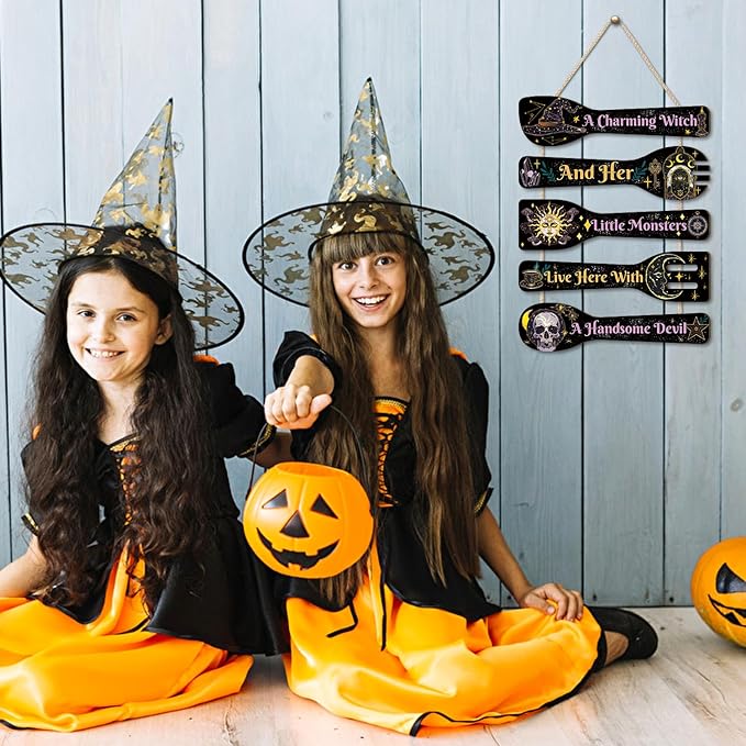 TOARTi Halloween Witch Kitchen Wood Wall Decor(11.4x17), Rustic Spoon Shaped Witchy Wall Art Hanging Sign, Gothic Aesthetic Witchcraft Wooden Plaque for Home Kitchen Front Porch Office Door