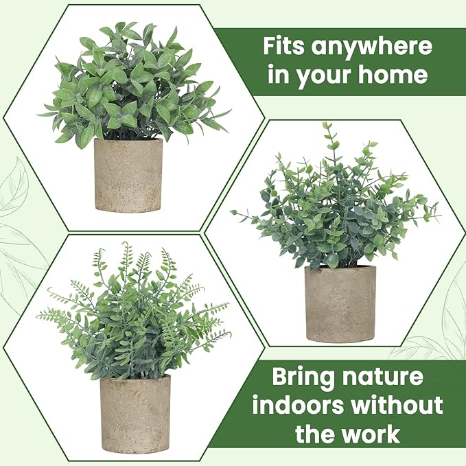 3 Pack Small Fake Plants, Artificial Eucalyptus, Boston Fern & Boxwood Leaves with Gray Paper Pulp Pots, Small Potted Faux Greenery for Home Decor, Bathroom, Shelf, Indoor&Outdoor Decoration