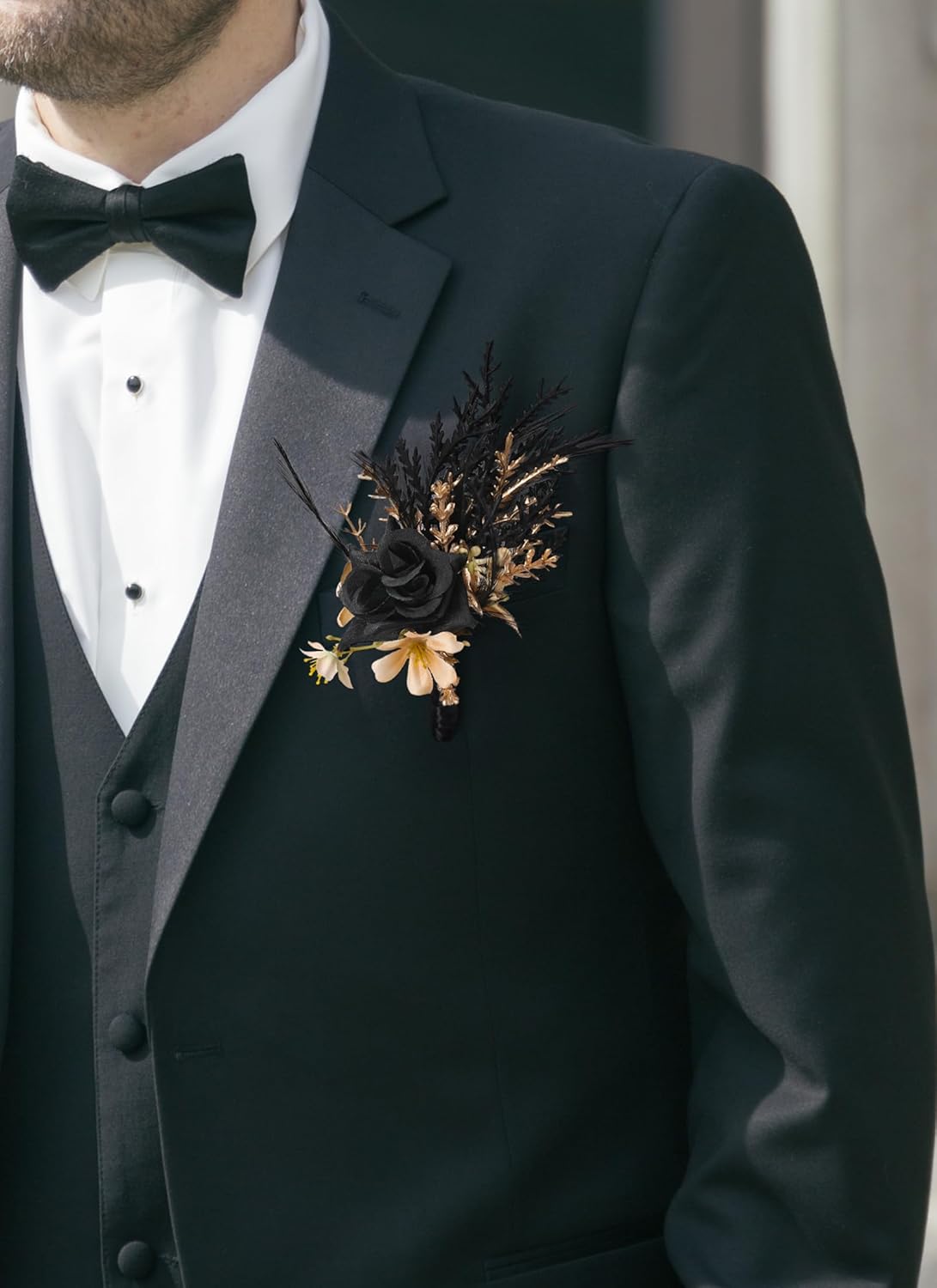 Corsage and Boutonniere Set - Black Wristlet for Men Prom Dark Wrist Corsage for Goth Wedding Ceremony