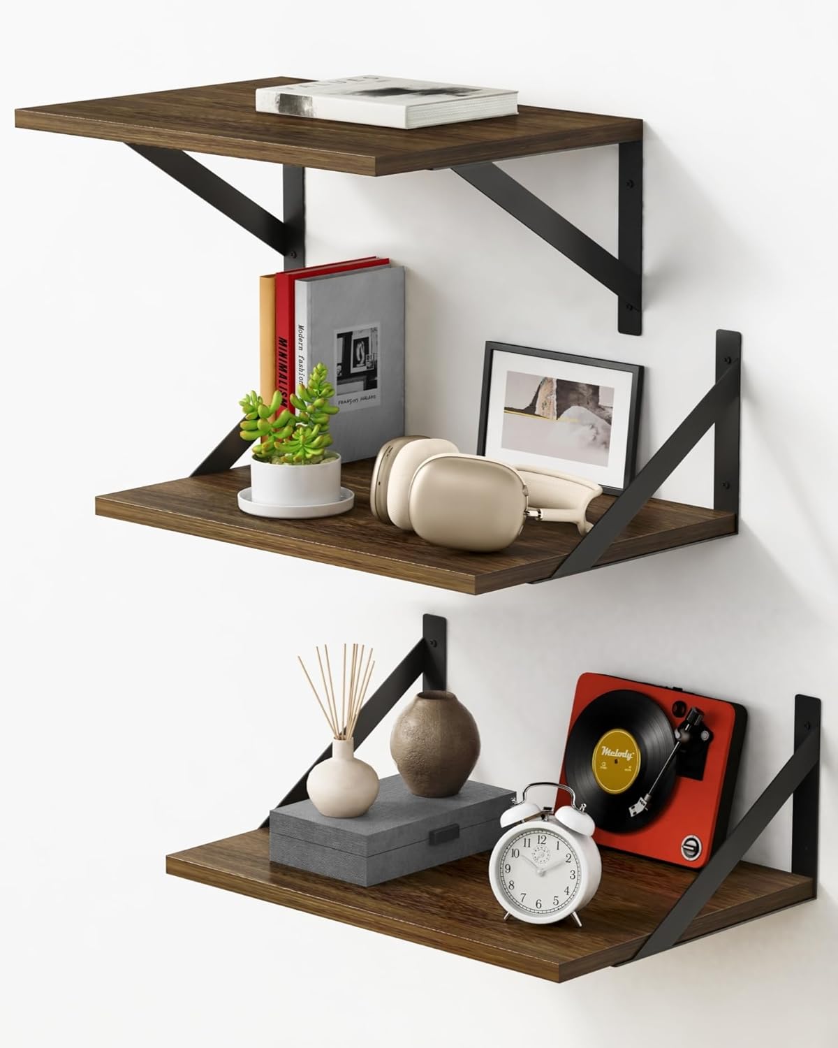 Forbena 12 Inch Deep Floating Shelves for Wall Set of 3, Wooden Wall Bookshelf for Bedroom Books, Rustic Wood Hanging Bookshelves for Bathroom Living Room Office Storage (Dark Brown)