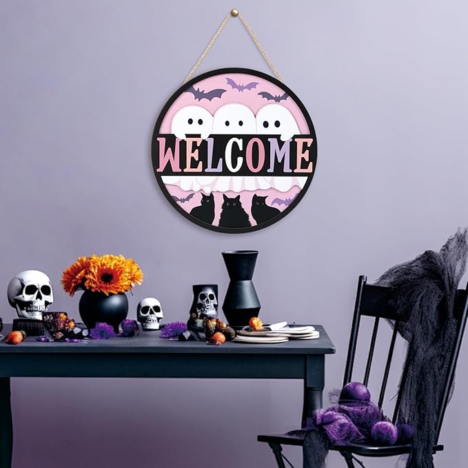 TOARTi 3D Halloween Welcome Front Door Sign Hanging(11.4x11.4''), Rustic Ghost Black Cat Bat Wall Sign Plaque, Farmhouse Halloween Wooden Wall Decor for Home Classroom Office