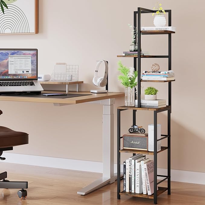 Plant Stand Indoor with Grow Light, 6-Tiered Tall Plant Stand Indoor, Metal Plant Shelf with Bookshelf Bookcase and Adjustable Light, Ideal for Living Room, Reading room, Garden, Patio (Brown)