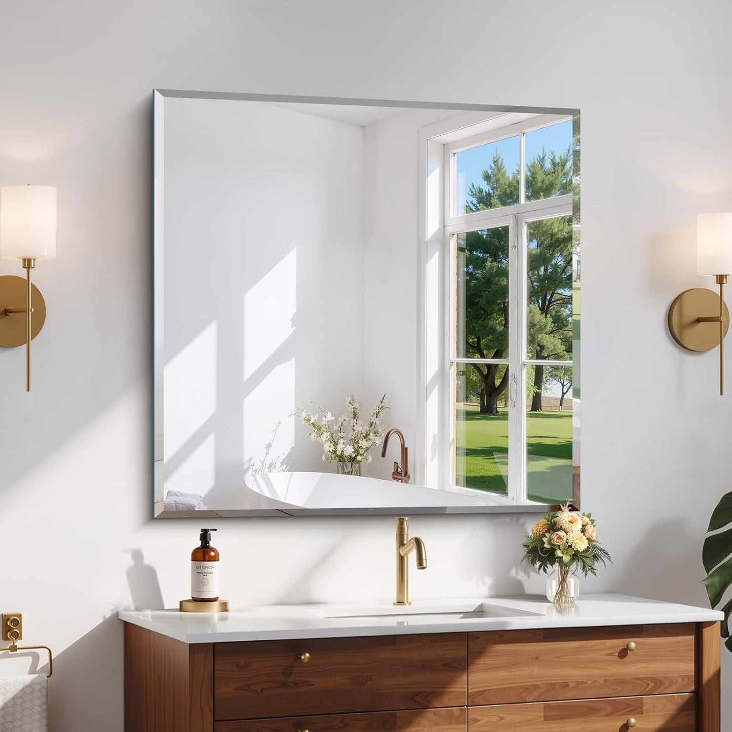 Beveled Mirror, 36x36 inch Square Bathroom Mirrors for Wall, Upgraded Shatterproof Frameless Vanity Mirror Over Sink with Beveled Edge for Bathroom,Bedroom,Living Room and Entryway