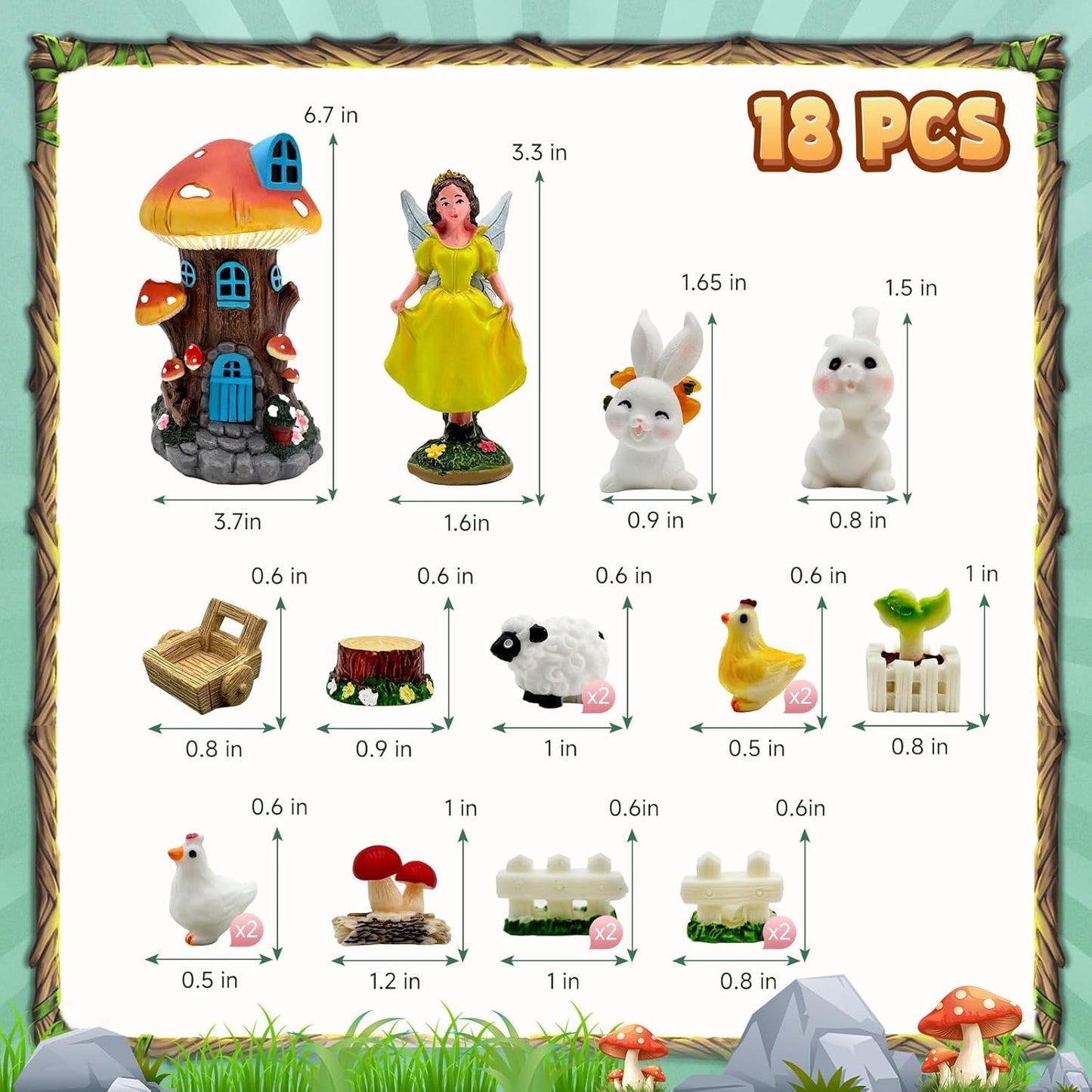 DONABELA Fairy Garden Kit Small Mushroom House Miniature Animals Figurines Accessories Outdoor Tiny Decor for Kids 18 PCS