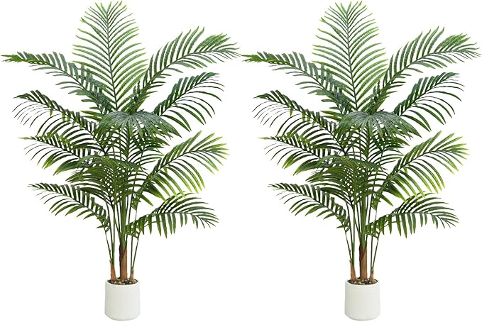 2 Pack Artificial Palm Tree Indoor Plant 5FT Tall Fake Tropical Palm Tree in Pot, Real Bark Design Faux Areca Palm Tree for Home Office Living Room Bedroom Farmhouse Modern Outdoor Topiary Tree