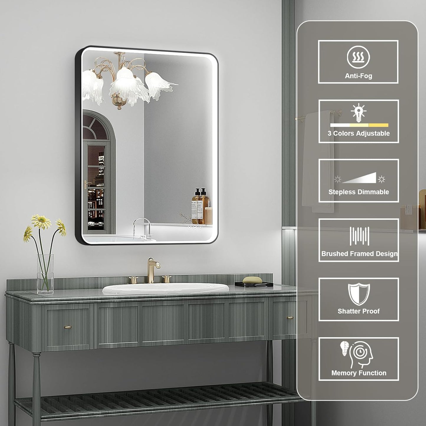 LED Mirror for Bathroom 24X32 Inch Black Framed with Anti-Fog, Stepless Dimmable, Front Lit, LED Bathroom Vanity Mirror for Wall, Memory Function, Shatter-Proof