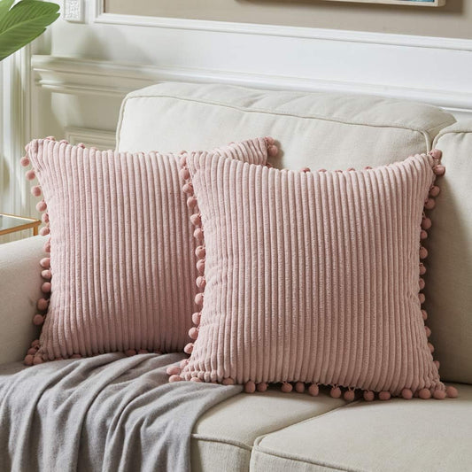 Fancy Homi Pack of 2 Euro Decorative Throw Pillow Covers with Pom-poms, Soft Corduroy Solid Square Cushion Cases Set for Couch Sofa Bedroom Car Living Room (24x24 Inch/60x60 cm, Blush Pink)