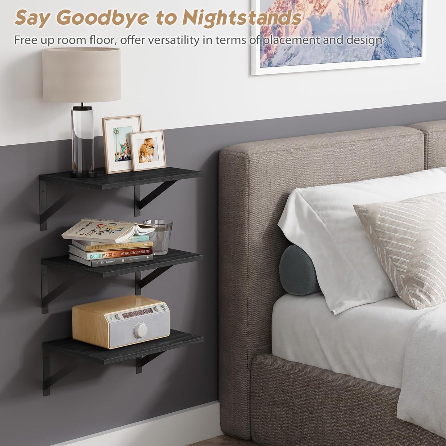 Forbena 12 Inch Deep Floating Shelves for Wall, Wide Black Wall Mounted Shelves for Bedroom Office Books Plants, Large Hanging Shelf for Living Room Bathroom Kitchen Closet Pantry Storage (3-Pack)