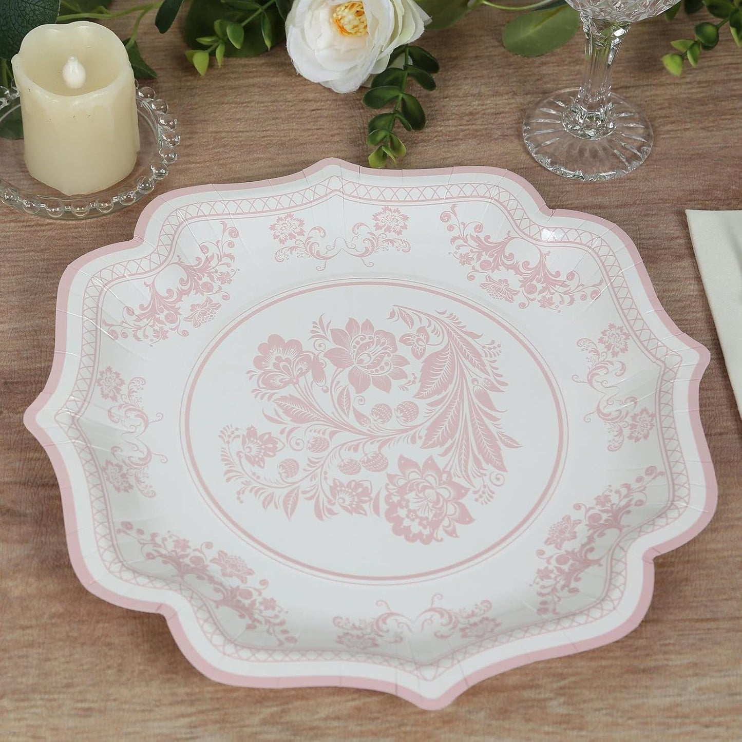 Efavormart 25 Pack White Pink Paper Dinner Plates in Damask Floral Pattern, 10" Disposable Party Plates with Scalloped Rims - 300 GSM