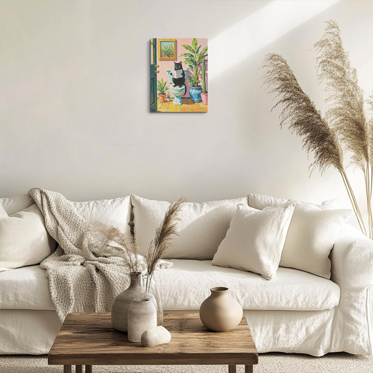 Funny Cat on Toilet Paintings Wall Art, Cat Lover Gifts, Botanical Wallpaper Canvas Framed Prints Modern Decorations, Pink Cute Poster for Living Room Bathroom Entryway Book Shelf Farmhouse