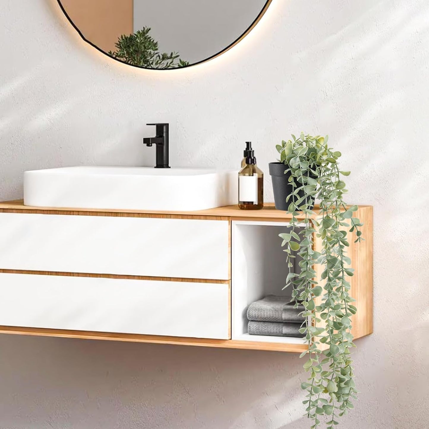 Der Rose 1Pcs Fake Plants Hanging Artificial Potted Faux Eucalyptus Plants for Vintage Boho Farmhouse Bathroom Office Desk Wall Book Shelf Room Accessories Decor Indoor