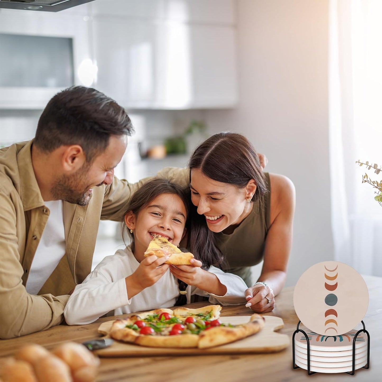 Drink Coasters for Drinks Set of 6, Boho Art Absorbent Round Ceramic Stone Mat Coaster, with Cork Base and Metal Holder, Home Bar Decor House Warming Gift