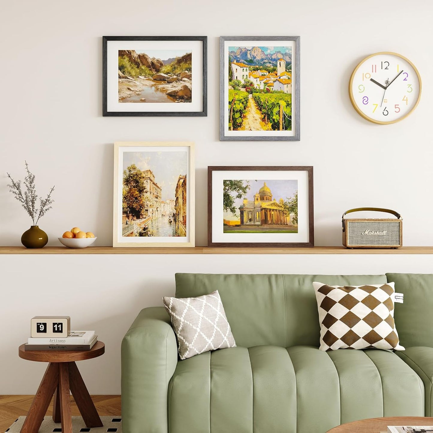 Egofine 12x16 Picture Frame Set of 4, Made of Solid Wood Multicolor Photo Frame Covered by Plexiglass 9x12 and 11x14 with Mat or 12x16 without Mat, for Wall Mounting Mixed Colors