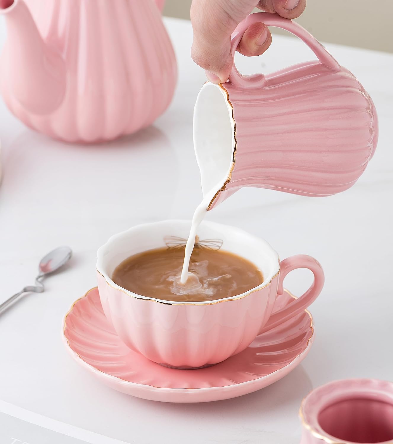 CLAY TONIC- 8 OZ Fine China Pink Coffee Cup/Teacup Set, Cups& Saucer, with Teapot-Sugar Bowl-Cream Pitcher Teaspoons and tea strainer for Tea/Coffee,24-Pieces- Service for 6 (Pink)