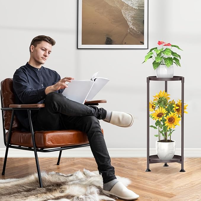 KMOTASUO 2 Tier Plant Stand Indoor for Large Tall Heavy Duty Planter, Multiple Sturdy Metal Flower Corner Rack for Narrow House Floor, Iron Vertical Level Round Orchi Holder Organizer, Bronze