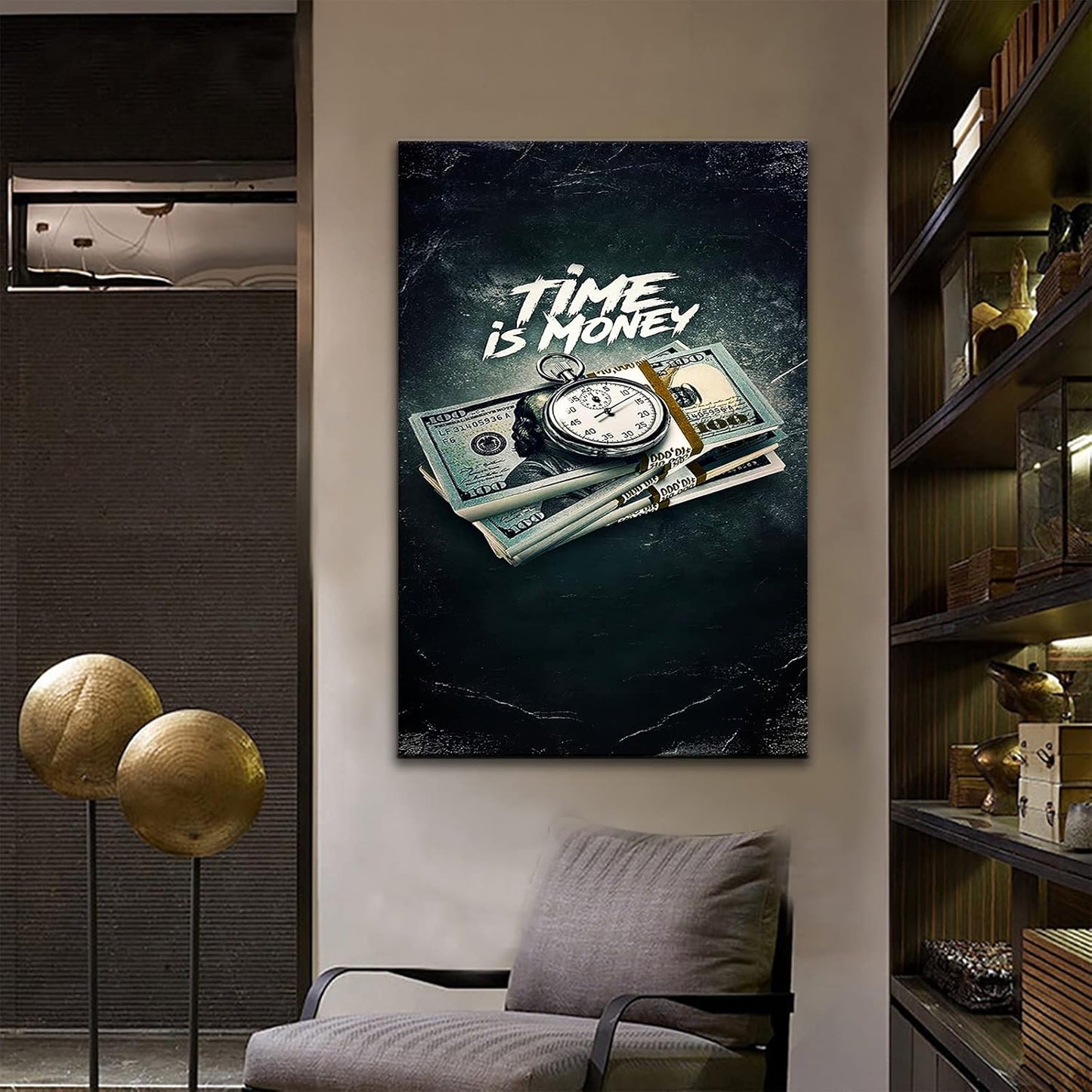 Inspirational Wall Art Modern Pictures Print Vintage Painting Time is Money Nordic Canvas Quotes Positive Poster Home for Office Living Room Decoration Framed Ready to Hang [36''W x 24''H]