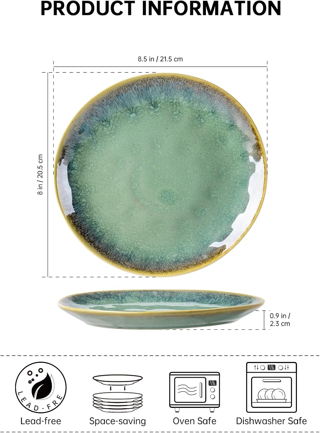 Henten Home Ceramic Dessert Plates, 8.5 Inch Salad Plate Set of 4, Porcelain Snack Serving Dishes for Cake, Kitchen, Microwave & Dishwasher Safe, Reactive Glaze (Green)